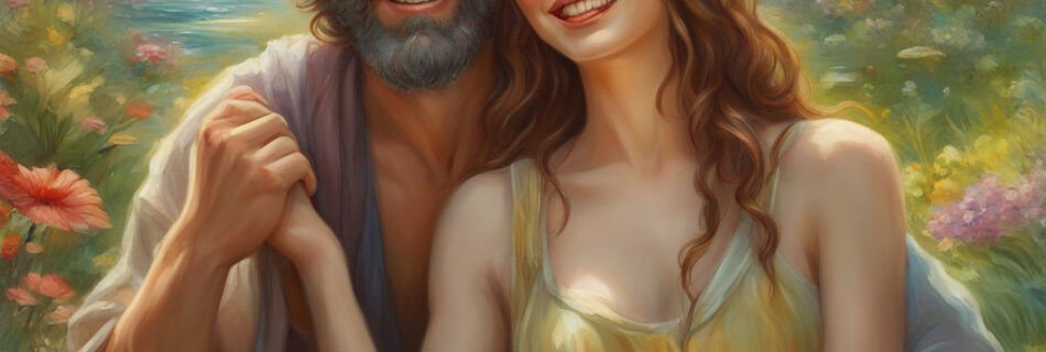 Odysseus and seductive Circe sitting in a beautiful garden