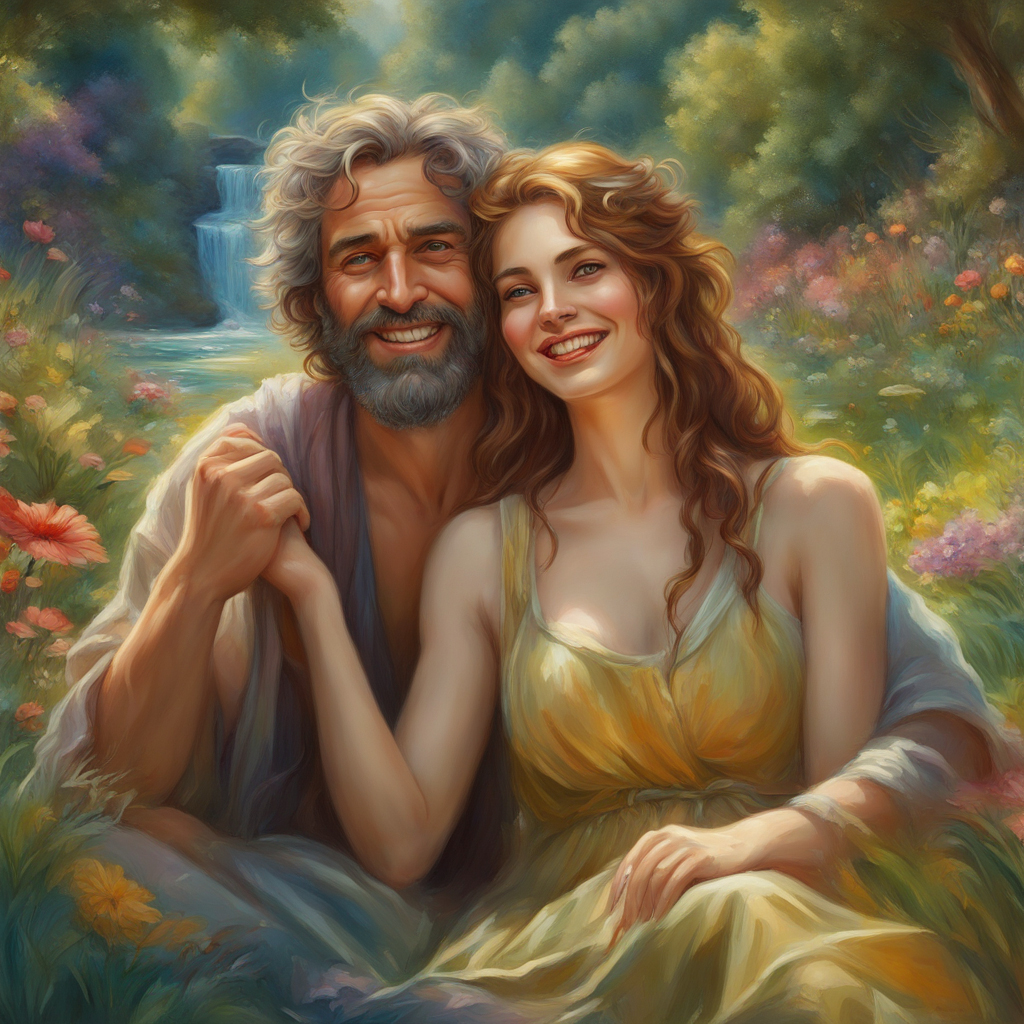 Odysseus and seductive Circe sitting in a beautiful garden